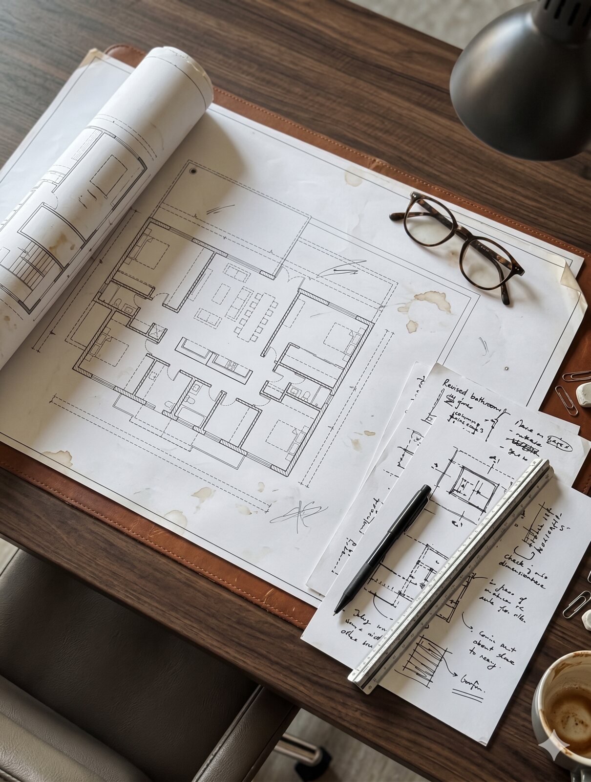 Breman design process — custom floor plans and blueprints on the drafting desk